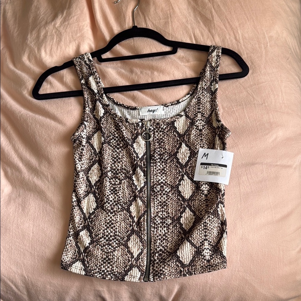 Snakeskin Print Zip-Up Tank Top